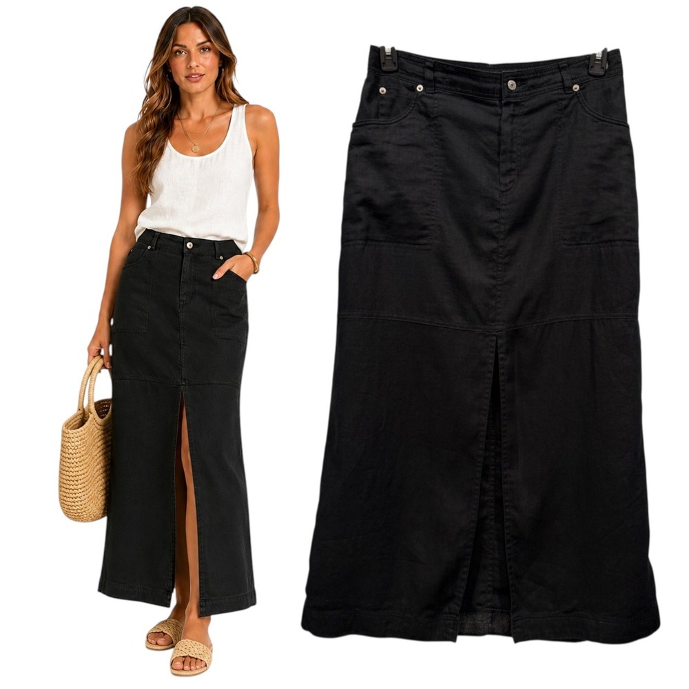 Nicole Miller European Flax Linen Black Maxi Skirt Front Split Resort Wear Sz M